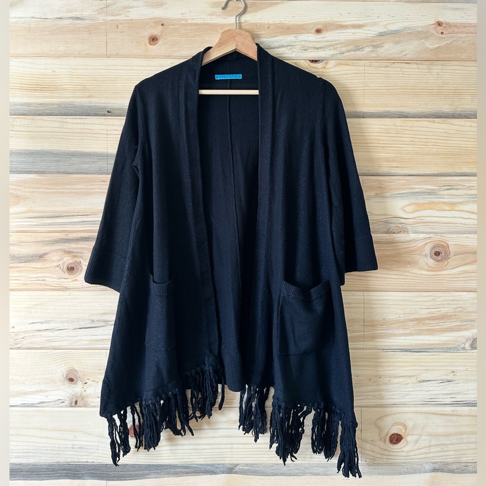 Alice + Olivia Black Fringe Cardigan 100% wool